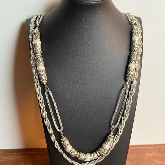 Silver Tone Chain and Faux Pearl layered Necklace with Organic Design - Picture 13 of 15